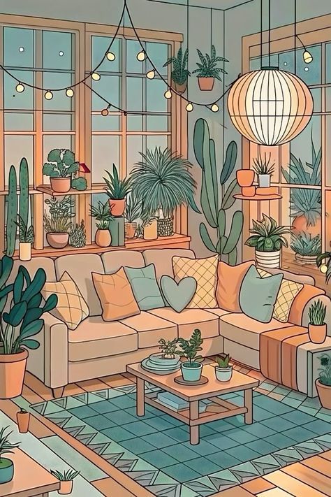 Living Room Vector Illustration, Cozy Interior Illustration, Living Room Illustration Cartoon, Animated Living Room, Cozy Room Illustration, Room Art Aesthetic, Living Room With Plants, Dreamy Interior, Living Room Vector