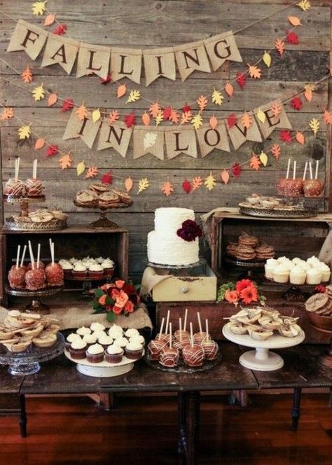 Cozy And Sweet Fall Bridal Shower Ideas Fall Desserts Table, Boda Diy, Fall Bridal Shower, Wedding Dessert Table, Bachelorette Party Games, Fall Wedding Decorations, Wedding Inspiration Fall, Mod Wedding, Fall Party