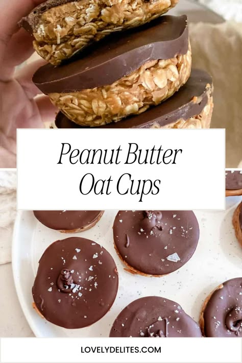 These No Bake Peanut Butter Oat Cups come together in just under 20 minutes. The base is made with rolled oats and creamy peanut butter and then topped with melted dark chocolate, a true delight! The perfect no bake treat to make this summer. As written, this peanut butter and chocolate recipe is vegan and gluten free. Keto Dessert Recipes Peanut Butter, Peanut Butter Oat Cups No Bake, Easy Healthy Desserts No Bake, Healthy Chocolate Peanut Butter Cups, No Bake Peanut Butter Oatmeal Cups, Peanut Butter Dates Recipes, Oat Ball Recipes, No Bake Peanut Butter Oat Cups Healthy, Healthy Peanut Butter Recipes Snacks