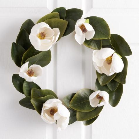 Faux Magnolia Flowers And Leaves Wreath | World Market January Embers, Artificial Magnolia, Leaves Wreath, Magnolia Tree, Wreath Wall Decor, Flowers Wreath, Fresh Flower Bouquets, Felt Wreath, Chinese Money Plant