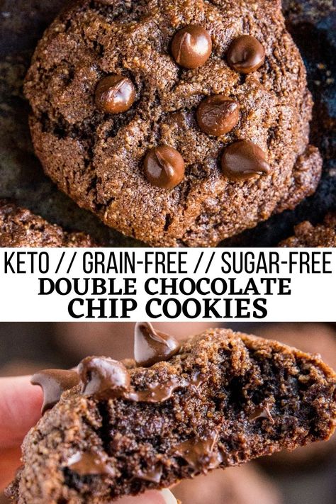 Keto Double Chocolate Chip Cookies - Keto Double Chocolate Chip Cookies with almond flour and sugar-free sweetener are a low-carb sugar-free cookie recipe - rich and delicious! #lowcarb #grainfree #keto Cookies With Almond Flour, Sugar Free Cookie Recipes, Sugar Free Chocolate Chip Cookies, Almond Flour Chocolate Chip Cookies, Galletas Keto, Triple Chocolate Cookies, Keto Cookie Recipes, Almond Flour Cookies, Keto Chocolate Chip Cookies