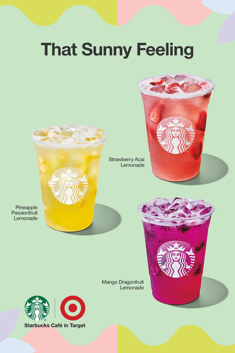 For that sunny feeling, enjoy a Starbucks Refreshers beverage with lemonade. Wonderfully bright & fruity, they’re sure to put you in a spring state of mind. Go for the Strawberry Açaí Lemonade, the Pineapple Passionfruit Lemonade or the Mango Dragonfruit Lemonade. Each one is shaken with ice & real fruit pieces for total refreshment. Get your favorite flavor at Starbucks Café in Target. Pineapple Passionfruit Lemonade, Passionfruit Lemonade, Strawberry Açaí Lemonade, Mango Dragonfruit Lemonade, Preppy Starbucks, Dragonfruit Lemonade, Cream Filling Recipe, 15th Birthday Party Ideas, Healthy Starbucks Drinks