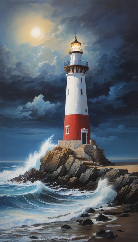 Lighthouse Night Painting, Light House At Night, Lighthouse Reference Photo, Lighthouse Canvas Painting, How To Paint A Lighthouse, Marina Drawing, Lighthouse Night, Lighthouse Images, Lighthouse At Night