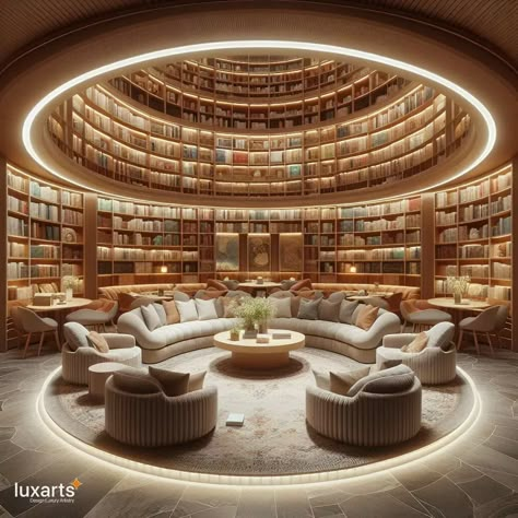 Giant Circular Library Bookshelf Your Cozy Corner of Classics 14 Luxury Home Library Design, Luxury Library Room, Circular Library, Luxurious Library, Luxury Home Library, Book Lounge, Cozy Reading Room, Tropical Modern House, Timber Frame Houses