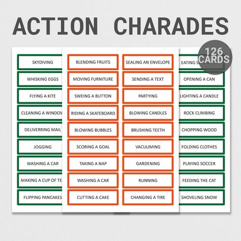 Printable Charades Game | Family Charades Game | Printable Charades For Kids and Adults | Family Game Night | Group Acting Game | Group Game Family Charades, Acting Games, Blowing Candles, Charades For Kids, Charades Game, Verbal Communication, Group Games, Game Printable, Play Soccer