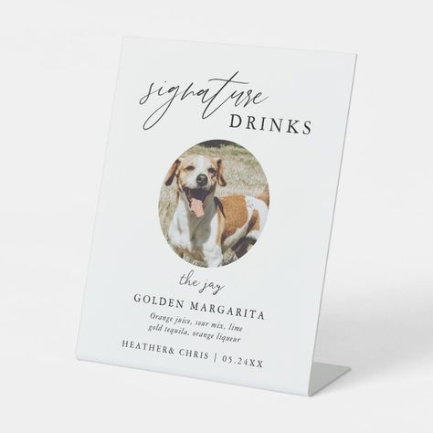 Elegant Pet Signature Drinks Wedding Bar Pedestal Sign  Zazzle Minimalist Black Wedding, Golden Margarita, Modern Wedding Bar, Alcohol Wedding, Signature Drinks Wedding, Cocktail Bar Sign, Menu Minimalist, Drinks Wedding, Wedding Drink Menu