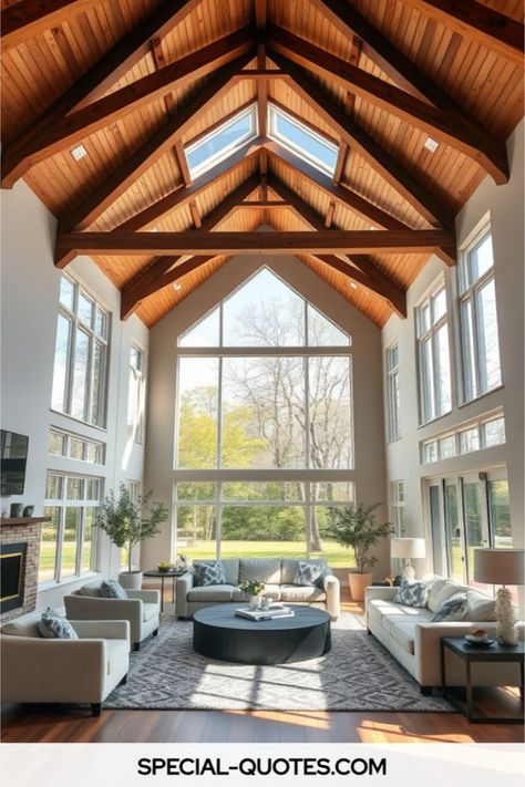 vaulted ceiling living room Tall Living Room Ceiling, Vaulted Ceiling Skylight, Vaulted Ceiling Living Room Ideas, Ceiling Living Room Ideas, Tall Ceiling Living Room, Homestead Layout, Vaulted Ceiling Living Room, Porch Design Ideas, Living Room Design Ideas