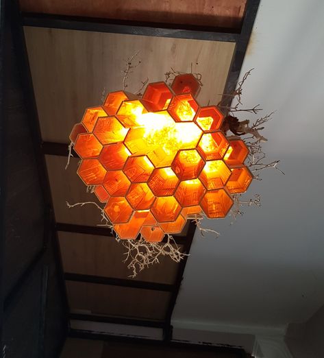 Beehive Lamp, Bee Lamp, Bee Project, Cube Lamps, Restaurant Interior Design, Restaurant Interior, Diy Lighting, Bee Hive, Honey Bee