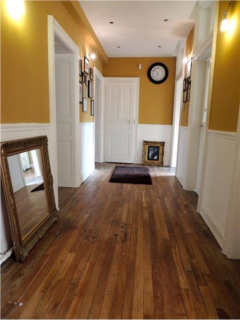 Farrow and Ball India Yellow. Yellow Hallway, Hallway Paint Colors, Best Bedroom Paint Colors, Hallway Colours, Hallway Inspiration, Dark Wood Floors, Wooden Floors, Small Hallways, Bedroom Paint Colors