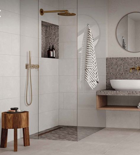 Concrete Tile Bathroom, Boat Bathroom, Outdoor Tiles Floor, Dark Grey Tile, Tiles Living Room, Main Bathroom Ideas, Top Mount Kitchen Sink, Small Shower, Light Colored Wood