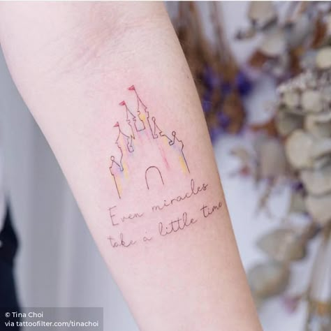 Disney Minimalist Tattoo, Small Disney Tattoos, Cartoon Architecture, Small White Tattoos, Hello Tattoo, Disney Castle Tattoo, Disney Tattoos Quotes, Ballet Tattoos, Disney Sleeve Tattoos