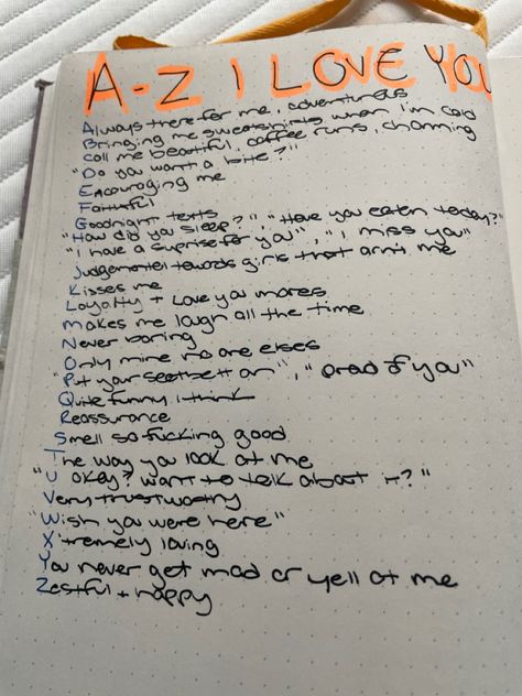 A-z Why I Love You Scrapbook, Things To Write In A Book For Your Boyfriend, Cute Book For Boyfriend, I Love You A To Z Ideas, Diy Notebook For Boyfriend, A-z Reasons I Love You, Memory Book Page Ideas Boyfriend, One Year Diy Gifts Boyfriend, I Love You Journal Page