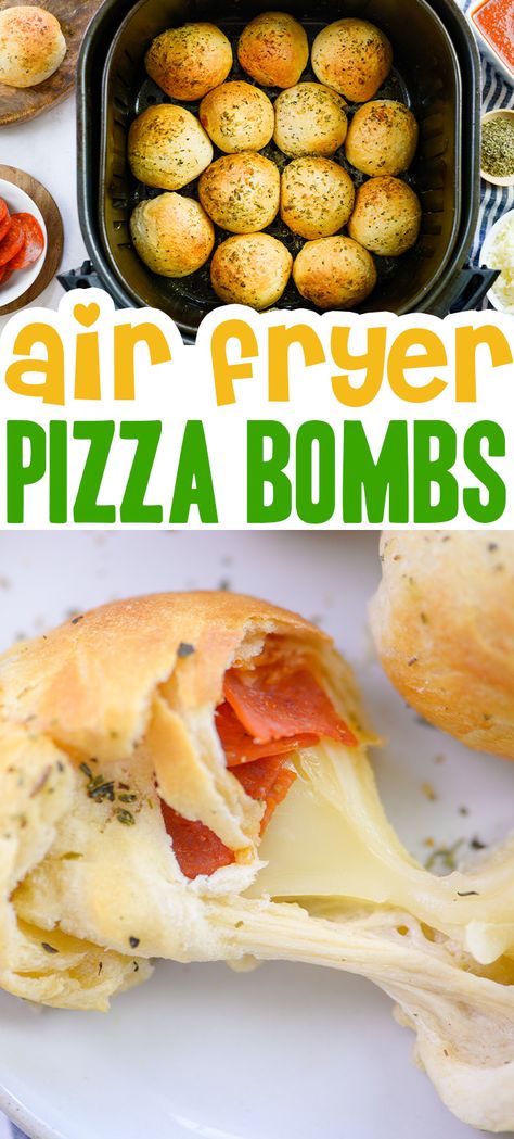 Air Fryer Pizza Dough Balls, Air Fried Pizza Rolls, Pepperoni Pizza Balls, Air Fried Pizza Bites, Homemade Pizza Rolls In Air Fryer, Air Fryer Pizza Bombshell, Air Fryer Football Snacks, Pizza Dough Air Fryer Recipes, Air Fryer Pepperoni Rolls