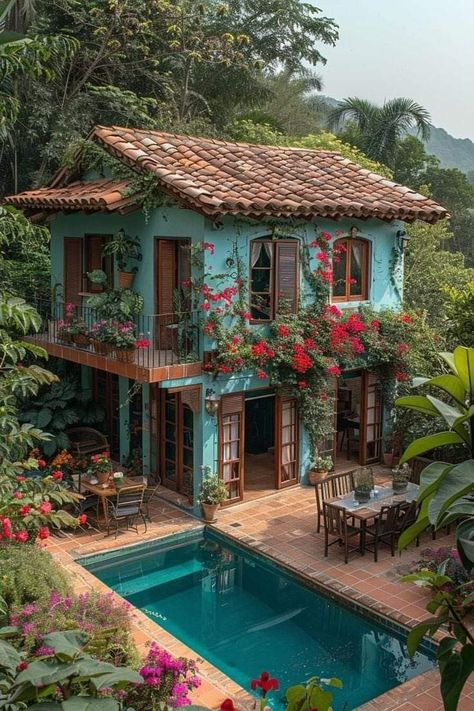 Bohemian Style House Exterior, Bohemian House Exterior, Moroccan House Exterior, Colorful Mexican House, Spanish Style Houses, Jamaican House, Mexico House, Dream Life House, Cute House