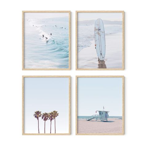 PRICES MAY VARY. FIND YOUR BEACH: This beach themed decor set brings the welcoming, relaxing, soothing, and comforting nature of a tropical beach paradise right to your home or office. Decorating your wall with ocean inspired wall decor has never been easier PREMIUM PROTECTION: Our 4 piece beach themed wall art set comes packaged with chipboard pads to protect against creases and dents, and shipped in rigid stay-flat mailers to protect your artwork while in transit. Framed or hung with clips, th Frame Tv Gallery Wall, Beach Themed Room Decor, Beach Themed Wall Art, Tv Gallery Wall, Haus And Hues, Beach Art Prints, Art Plage, Surfboard Art, Home Beach