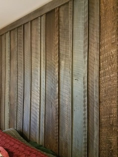 Batten and board accent wall. Rough cut Ash. Board Accent Wall, Faux Stone Wallpaper, Wood Interior Walls, Building A Wooden House, Wood Wall Covering, Stairwell Wall, Rough Hewn Wood, Cedar Walls, Cottage Porch