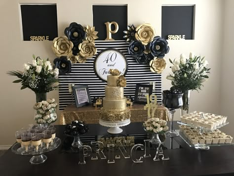 Black And Gold 40th Birthday Cake, 40 And Fabulous Party, Black White And Gold 40th Birthday Cake, 40 Birthday Cake Black And Gold, Great Gatsby 40th Birthday Cake, Diy 40th Birthday Decorations, 50th Birthday Table Decorations, 65th Birthday Party Ideas, 40th Birthday Party Themes