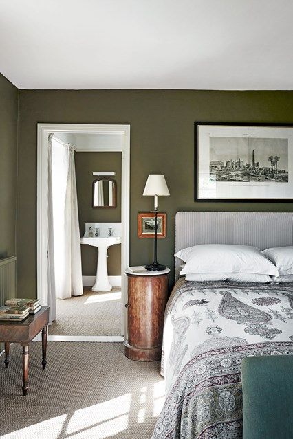 Green country bedroom in Bedroom Decoration Ideas. The main bedroom with a view… Grey Green Bedrooms, Olive Green Bedrooms, Green Bedroom Walls, Green Bedroom Decor, Rustic Bedroom Design, Bedroom Design Inspiration, Country Bedroom, Trendy Bedroom, Green Rooms