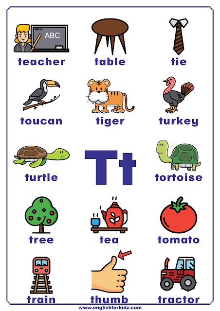 English alphabet poster to learn letter T Letter T Pictures For Preschool, T Words Letter, T Pictures Letter, Letter T Flashcards, Letter T Worksheets Kindergarten, Letter T Pictures, T Worksheets Preschool, Letter T Preschool, Letter U Activities For Preschool