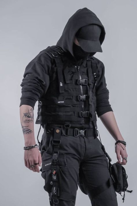 Mercenary Outfit Men, Tactical Mens Fashion, Mens Cyberpunk Fashion, Tech Wear Aesthetic Men, Assassin Outfit Male, Tech Fashion Mens, Techwear Aesthetic Men, Tactical Outfits Men, Tech Gear Fashion