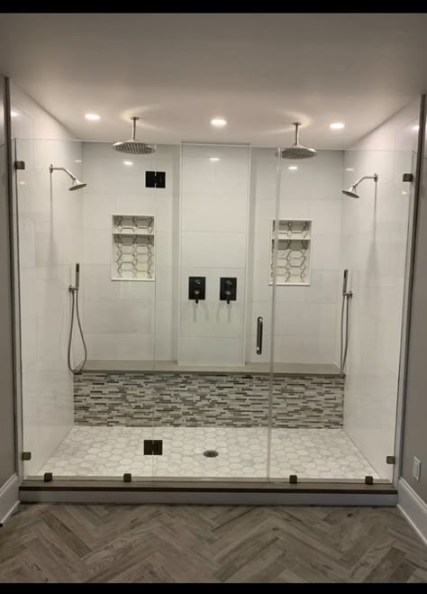 Showers For 2 People, Master Shower Corner Bench, Master Bath With Separate Shower And Tub, Bathroom Ideas Two Shower Heads, Shower Two Heads Walk In, Big Shower With Bench, Double Walk In Shower Ideas Master Bath, Double Shower Master Bath, Dual Head Shower Master Bath