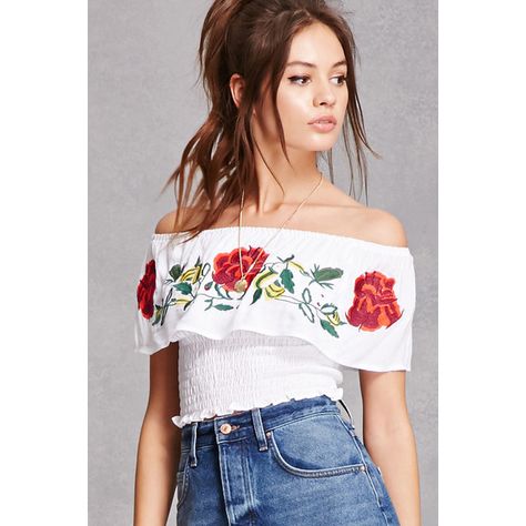 Forever21 Embroidered Off-the-Shoulder Top ($28) ❤ liked on Polyvore featuring tops, white, white off shoulder top, ruffle top, embroidered crop top, cropped tops and off the shoulder ruffle top Mexican Clothing Style, Mexican Outfits, Mexico Shirt, Mexican Quinceanera Dresses, Embroidery Summer, Surprise Dance, Mexican Shirts, Shirt Crop Top, Mexican Fashion