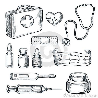 Medical Doodles Hand Drawn, Medical Kit Drawing, Easy Medical Drawings, First Aid Kit Illustration, Medicines Drawing, Emt Drawing, Healthcare Doodles, Medicine Drawing Ideas, Health Design Ideas