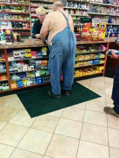 No shirt no service right?  Wrong! Overalls No Shirt, Walmart Style, Sheer Socks, Best Cleaning Products, Funny Fails, This Guy, Best Funny Pictures, Go Out, Funny Pictures