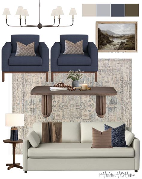 Navy And Brown Living Room, Blue Transitional Living Room, Living Room With Blue Accents, Prairie Decor, Blue Accents Living Room, Blue And Cream Living Room, Living Room Mood Board, Brown And Blue Living Room, Room Mood Board