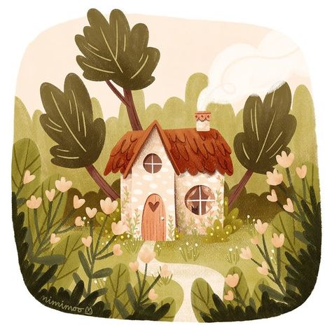 Cozy Home Illustration, Cottage Drawing, Cottage Illustration, Wood Illustration, Cosy Cottage, House Cottage, Cottage In The Woods, House Illustration, House Drawing