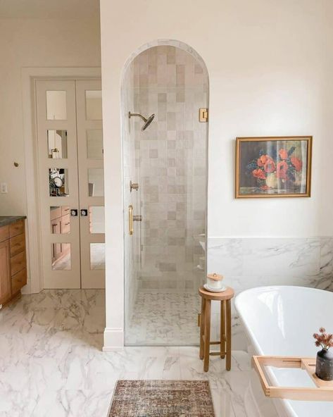 Brownstone Primary Bathroom, Colonial House Bathroom Ideas, Enclosed Master Shower Ideas, Bathroom Ideas European Style, Bathroom Remodel European, Modern French Country Master Bath, Modest Master Bath, Small Master Bath No Windows, Classic English Bathroom