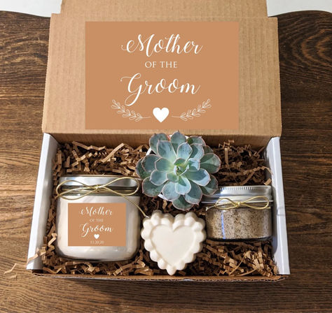 Mother of the Groom Gift Box with Candle and Succulent. Personalize text and colors. Mother of the bride. 8oz Soy Vanilla. Mother Of The Bride Gift Box Ideas, Mother In Law Wedding Gift From Bride, Mother Of The Bride Gift Ideas, Groom Gift Box, Groom Box, Wedding Boards, Wedding Extras, Mother Of The Groom Gift, Brides Basket