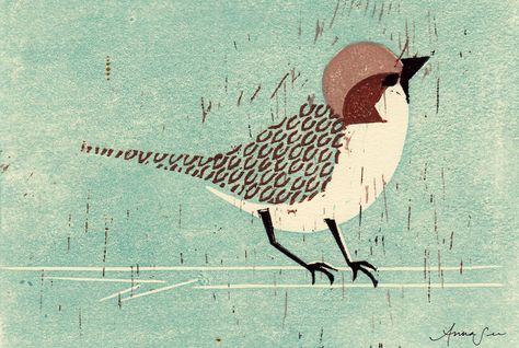 Sparrow by Anna See on Artfully Walls Sparrow Illustration, House Sparrow, Large Scale Art, Artfully Walls, Vert Turquoise, Linocut Art, House Illustration, Art Et Illustration, Art And Illustration