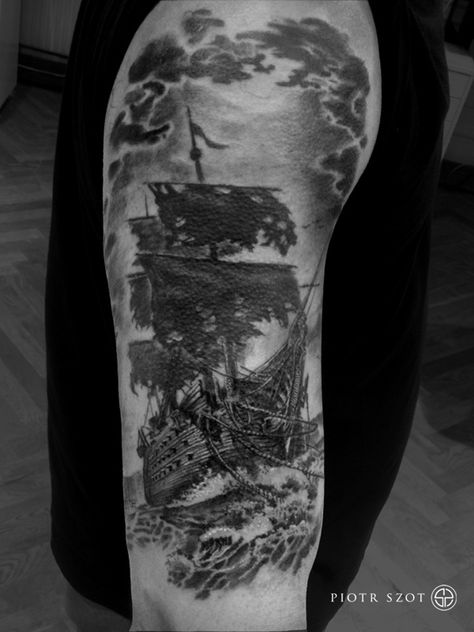 Ghost Ship tattoo done by Piotr Szot. Polynesian Forearm Tattoo, Tattoos Arm Mann, Ship Tattoo Sleeves, Arm Tattoos For Men, Tattoo Sites, Cool Half Sleeve Tattoos, Wild Tattoo, Cool Arm Tattoos, Upper Arm Tattoos