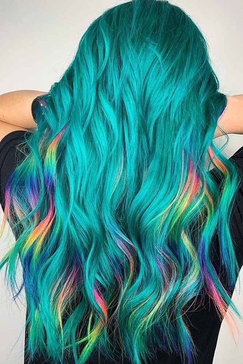 Teal With Rainbow Highlights #highlights #tealhair ❤️ What can compare to the gorgeous charm of teal hair? Dive in our gallery to see how different this magnificent color can be! Dark blue ombre with teal tips, pastel highlights, turquoise accents, bright mermaid balayage and ideas for brunette bases are here!  ❤️ #lovehairstyles #hair #hairstyles #haircuts Summer Hair Color Short Hair, Mermaid Balayage, Jeonghan Hair, Turquoise Hair Ombre, Teal Hair Color, Blond Highlights, Rainbow Highlights, Pastel Highlights, Colorful Hairstyles