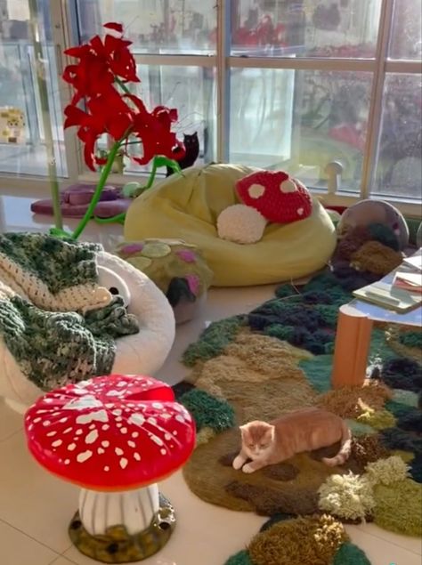 Round Room Decor, Mushroom Themed Room Aesthetic, Mushroomcore Bedroom, Room Inspo Mushroom, Mushroom Forest Room Aesthetic, Cat Cafe Interior Design, Mushroom Cafe Interior, Mushroom Fairy Room Aesthetic, Fungi Forest Bedroom