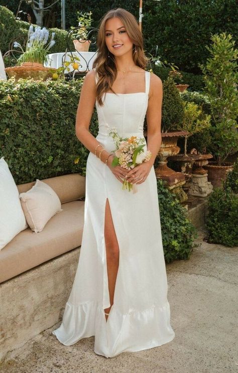 White Satin Prom Dress Long, Ivory Wedding Guest Dress, Midi Casual Wedding Dress, Square Neckline Wedding Dress Jewelry, Elegant Midi Dresses Wedding, White Maxi Dress Formal, Simple Corset Dress, Summer Reception Dress, Summer Wedding Dress For Bride