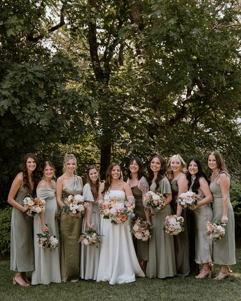 Mix Match Bridesmaid Dresses Olive, Neutral Green Wedding Colors, Olive Green Mixed Bridesmaid Dresses, Green And Neutral Bridesmaid Dresses, Woodland Green Bridesmaid Dresses, Earthy Green Bridesmaid Dresses, Olive Green Bridesmaid Dress Mismatched, Earth Tones Bridesmaid Dresses, Shades Of Green Bridesmaids