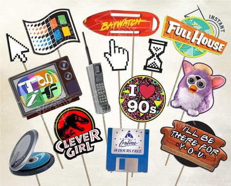 I Love the 90s Photobooth Prop Set #2 - Relive the 90s with these props inspired by the decade of the 90s. Use with a photobooth or just as party decorations. SET #1: https://www.etsy.com/listing/564364601/i-love-the-90s-photobooth-props-digital *** Digital Product *** --- 90s Photo Booth, Hip Hop Party Theme, 90s Theme Party Decorations, 90s Party Ideas, I Love The 90s, Vintage Party Decorations, 1990s Nostalgia, Throwback Party, 90s Theme Party