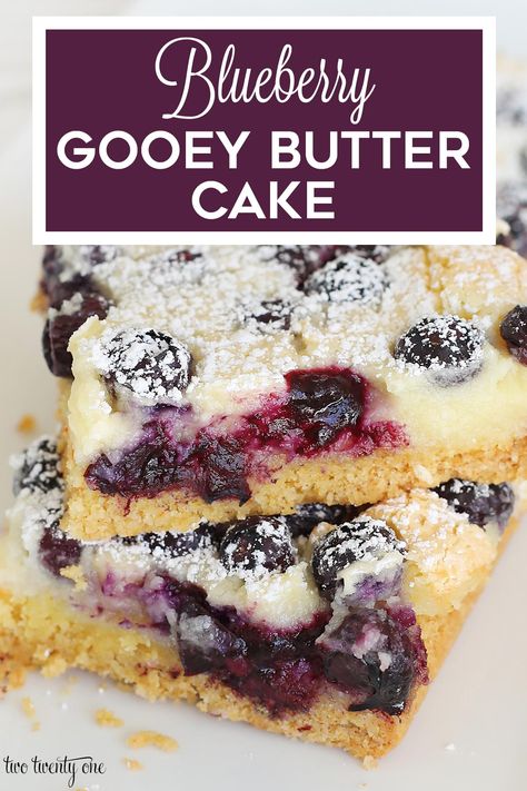 This blueberry gooey butter cake is so flavorful! The perfect blueberry dessert! #blueberry #gooeybuttecake #dessert #recipe Blueberry Butter Cake Recipe, Gooey Butter Cake Variations, Gooie Butter Cake Easy, Blueberry Yellow Cake Mix Recipe, Blueberry Cake Mix Recipes, Gooey Dessert Recipes, Ooy Gooy Butter Cake, Butter Cake Gooey, Blueberry Gooey Butter Cake