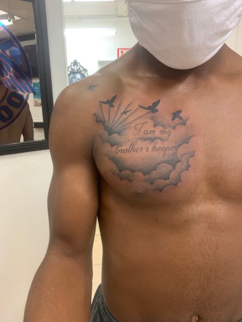 Delt Tattoo For Men, Matching Brothers Tattoo, Men Small Chest Tattoo, Shoulder Tattoo Men Sleeve, My Mothers Keeper Tattoo For Men, My Brothers Keeper Tattoo Ideas For Men, Half Chest Tattoo Men Ideas Black Man, Right Chest Tattoo Men, Dead Brother Tattoo