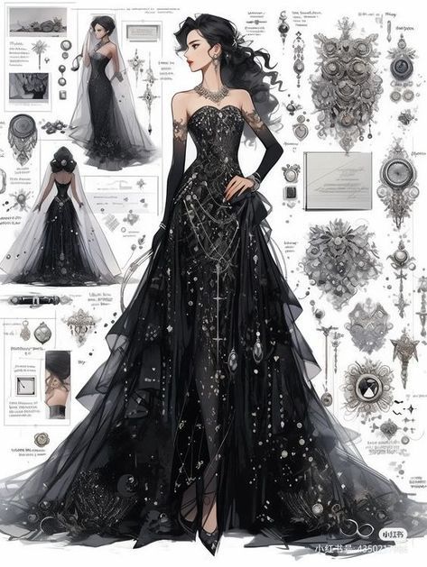 Gothic Ballgown Aesthetic, Villainess Dress, Dark Fantasy Gown, Dark Fantasy Dress, Fantasy Dress Art, Fantasy Dress Design, Villain Dresses, Funny Illustrations, Living In Germany