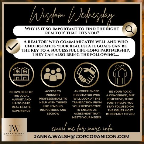 🤔 Wisdom Wednesday 🤔 Why is it so important to find the right REALTOR®️ that fits you? Among other things, a REALTOR®️ who communicates well and who understands your real estate goals can be the key to a successful life long partnership. Thinking of selling and not sure where to start? Email or DM me your questions! #themoreyouknow #wednesdaywisdom #livewhoyouare #homeseller #homebuyer #humboldthomes #humboldtcounty @corcoraniconhumboldt Wednesday Wisdom Real Estate, Homebuyer Tips, Wisdom Wednesday, Real Estate Goals, Humboldt County, Communication Is Key, Successful Life, Wednesday Wisdom, The More You Know