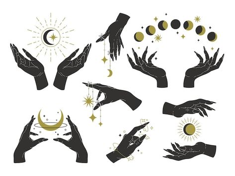 Vector magic witch hands set mystical fe... | Premium Vector #Freepik #vector #alchemy #occult #witchcraft #esoteric Mage Hand Art, Witch Hand Tattoo Designs, Witch Hands Drawing, Nail Branding, Feminine Hands, Holding Moon, Witchy Hands, Witchy Tattoos, Witchcraft Art