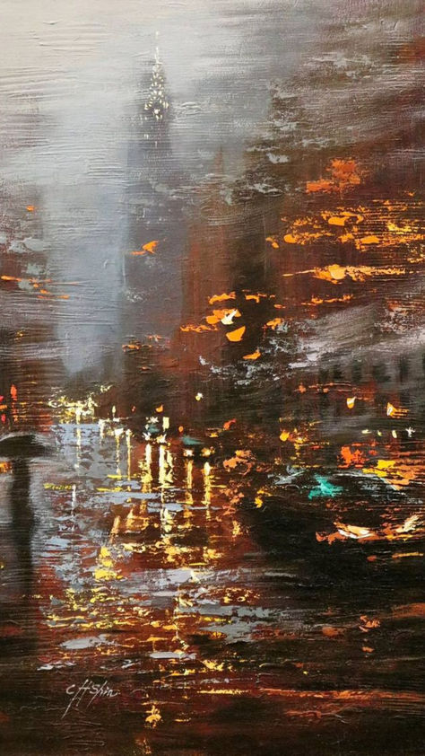 A blur or color and quick brushstrokes recreate a rainy day in New York in this expressive painting. Painting Ideas On Canvas Dark, Oil Painting City, Landscape Building, Rainy Street, Academic Art, City Painting, City Street, Romantic Art, New Wall