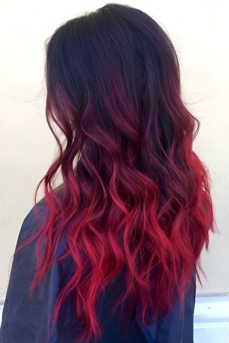 Dark Roots Red Hair Ombre, Dark Red To Bright Red Ombre, Red Hair Dye Ideas For Dirty Blonde, Red And Purple Ombre Hair, Money Piece With Red Hair, Ombre Hair Color Red, Red On Top Black On Bottom Hair, Dark Red Hair With Blonde Money Piece, Red Hair Styles Hairstyles