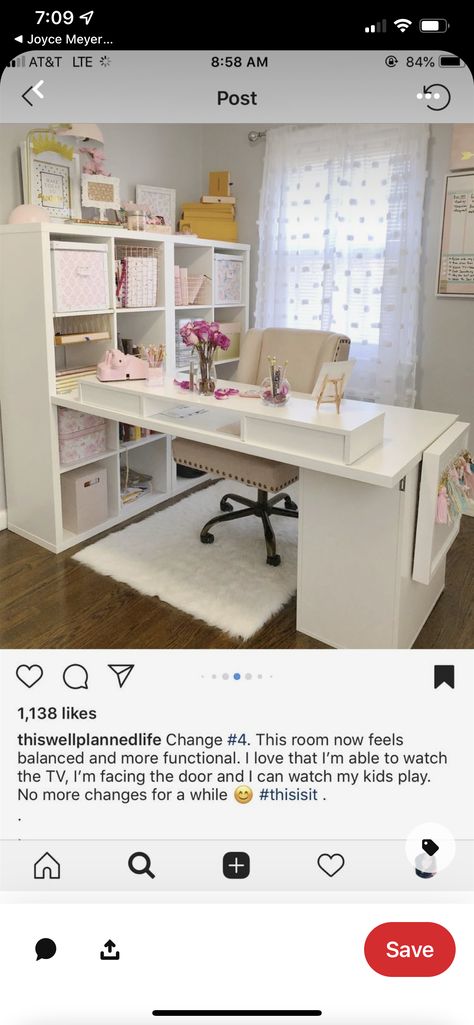 Home Office/craftroom Ideas, White And Gold Craft Room, Teach From Home Office, Craft Area In Living Room, Desk Facing Door, Bedroom Craft Room Combo, Kallax Home Office, L Shape Desk Office Layout Small Spaces, Cricut Office Space