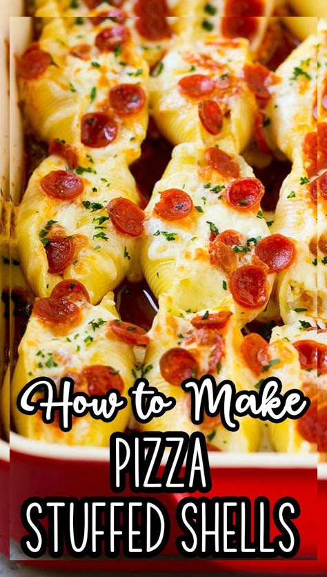 These pizza stuffed shells are pasta shells filled with three kinds of cheese and pepperoni, then baked to perfection in tomato sauce. Recipes With Jumbo Shells, Easy Jumbo Shells Recipe, Stuffed Shell Appetizer, Pizza Stuffed Shells, Recipes For Stuffed Shells, Big Pasta Shells Recipes, Stuffed Shells Ideas, Giant Shell Pasta Recipes, Large Shells Stuffed