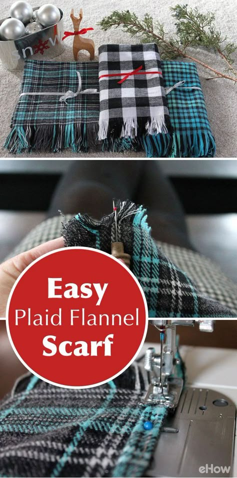 Make these easy plaid flannel scarf as a gift in NO TIME and for almost nothing! Ideas For Flannel Fabric, Sew Scarf Diy, Flannel Poncho Diy, Flannel Scarf Pattern, Diy Scarves No Sew, No Sew Flannel Scarf, Sew Flannel Scarf, Flannel Fabric Projects Diy, Flannel Diy Projects