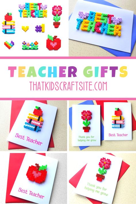 Hama Beads Gifts Ideas, Perler Bead Teacher Gift, Teacher Perler Bead Patterns, Teacher Perler Beads, Perler Bead Gift Ideas, Teacher Gifts Diy, Handmade Teacher Gifts, Melty Bead Patterns, Easy Perler Beads Ideas